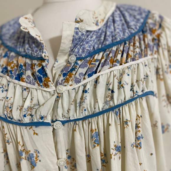 FREE PEOPLE Paloma Ivory Blue Floral Print Boho Long Sleeve Button Shirt Medium - Picture 9 of 13